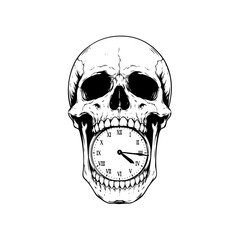 Obraz premium Black and White Skull with Clock Face Illustration Minimalist Art Style