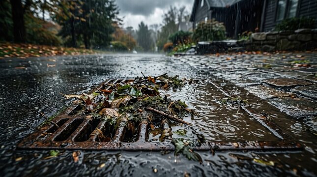 Clogged storm drain grate with autumn leaves causing water flooding on street during rain.