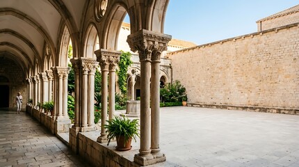 Fototapeta premium Ancient stone cloister with arches and sunny courtyard garden