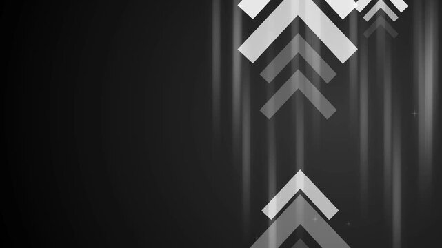 Abstract background with vertical light streaks and stacked white upward chevrons on the right, minimalist futuristic geometric composition animation