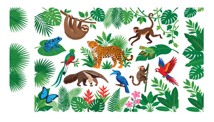 Tropical rainforest animals set with cute jaguar sloth monkey parrot toucan anteater and jungle leaves cartoon vector illustration © Ruma