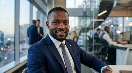 Fototapeta premium Confident african american male professional sitting at desk in bright modern corporate office with blurred background view.