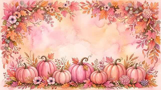 Whimsical pink pumpkins and floral fall border illustration