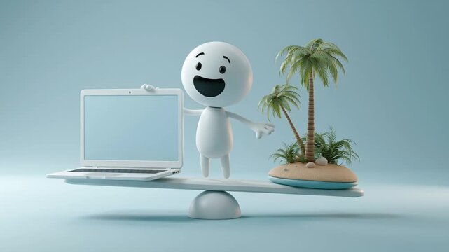 balances on a seesaw between a laptop and a tropical island, creating a playful loop that symbolizes modern work-life balance in a surreal, humorous style.