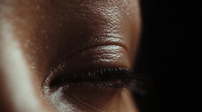 Close up view of a human eye showing details of iris and reflection in a dim light setting