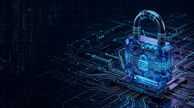 Cybersecurity digital padlock on futuristic electronic circuit board with binary code