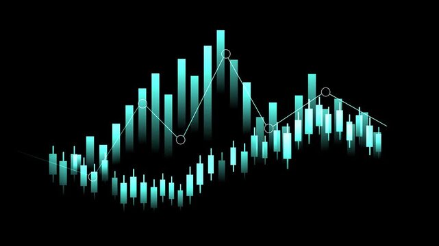 Monochrome financial chart with candlesticks and volume bars animation