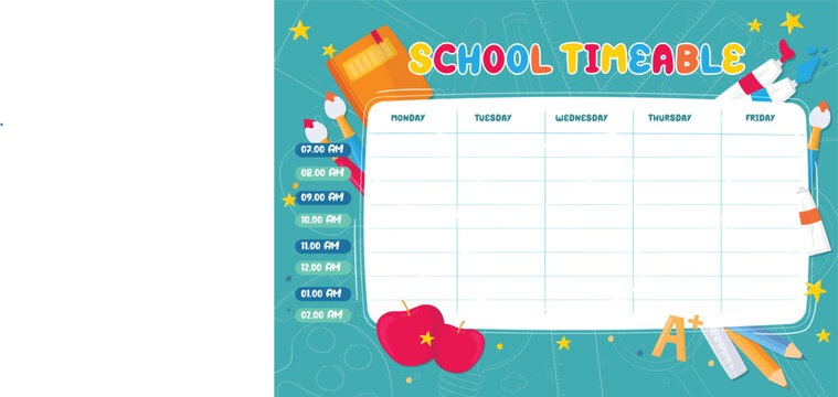 School timetable illustration with apples pencils and colorful time slots