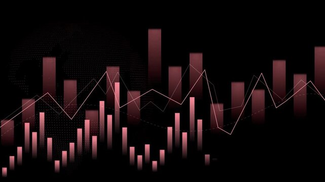 Monochrome financial chart with globe silhouette animation, Financial chart with bar and line graphs dotted globe silhouette animated