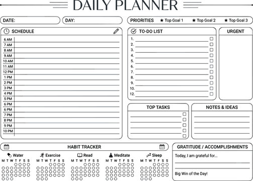 Daily planner template page vector illustration featuring schedule to do list priorities and habit tracker layout