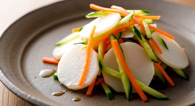 simple Japanese home cooking. yacon salad, paper-thin slices of fresh yacon mixed with carrot and cucumber, light sanbaizu vinegar dressing 