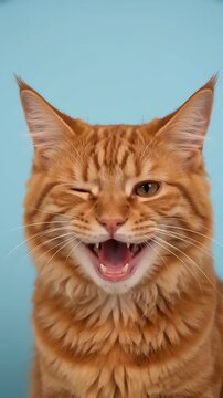 Funny orange ginger cat winking and laughing with open mouth. Humorous extreme close up of cute pet with funny facial expression.
