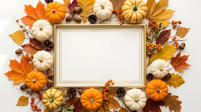 Autumnal flat lay with golden frame pumpkins leaves and berries for seasonal marketing
