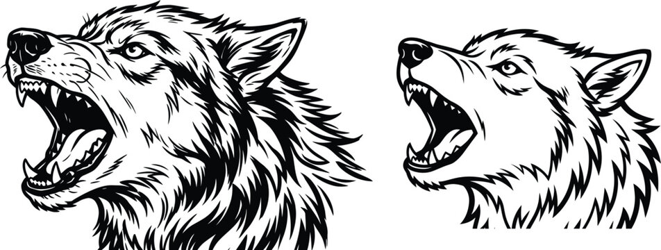 Roaring Wolf Heads Black And White Silhouette