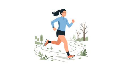 Obraz premium Young woman running on a winding path in a park during autumn with bare trees and fallen leaves