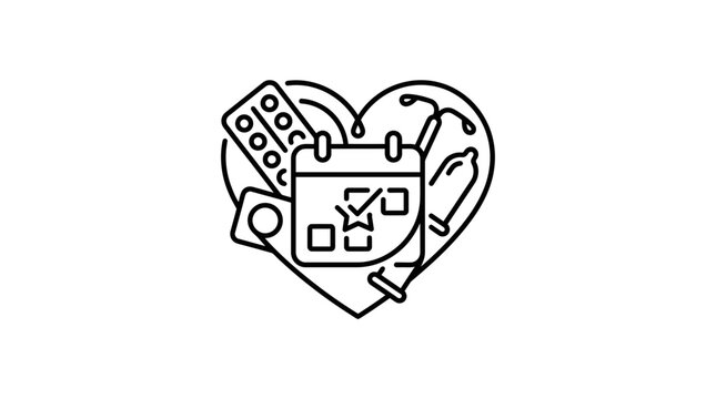 Line art illustration of various contraceptive methods arranged inside a heart shape.