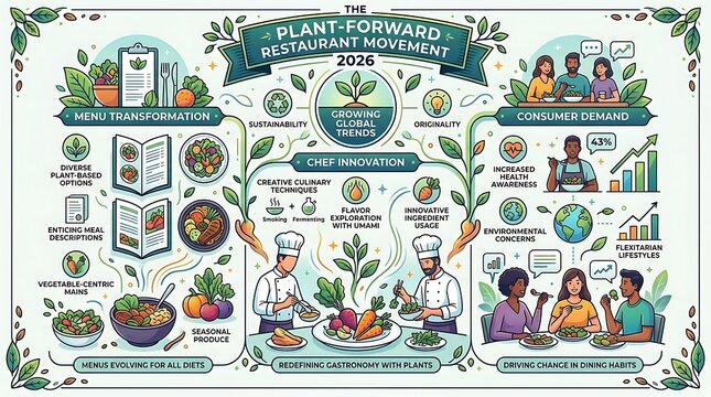 Plant forward restaurant movement infographic with 2026 food trends
