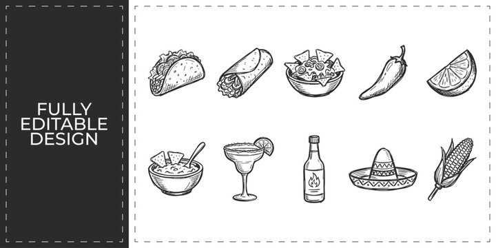 Mexican cuisine and street food hand drawn doodle icons including taco nachos and spicy snack symbols for restaurant menu and food blogging design graphics