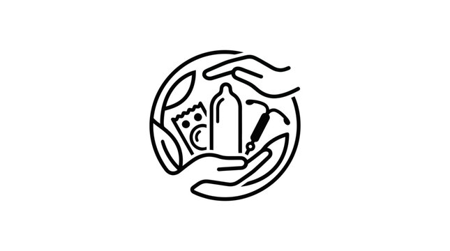 Line art illustration of hands protecting various contraceptive methods inside a circular frame.