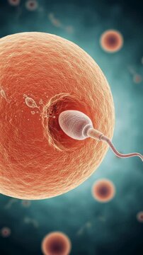Spermatozoon approaching and penetrating egg cell. Scientific visualization of fertilization process. Biology development and reproductive health research concept. Vertical video