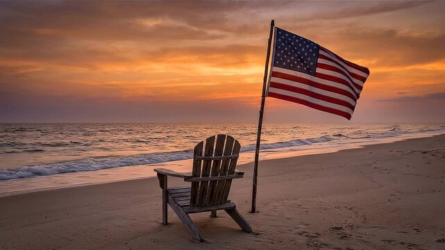 American flag waves beside an empty beach chair at sunset, symbolizing Fourth of July patriotism, freedom, and summer vacation in the USA.
