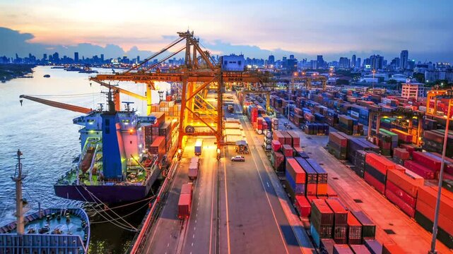 Industrial container port at sunset, cargo ship loading with gantry cranes, international maritime logistics and global trade hub