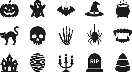 Naklejka premium Halloween icons set black silhouettes