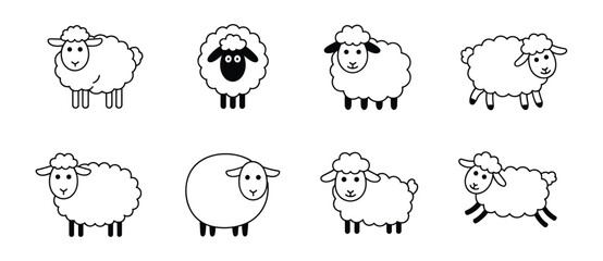 Set of cute sheep icons, illustrating different poses and styles of sheep. Each icon is a simple black and white line drawing, perfect for various design projects © Jibit
