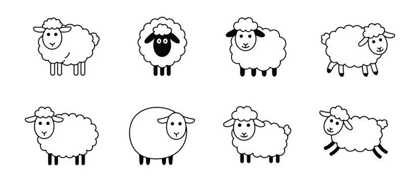 Set of cute sheep icons, illustrating different poses and styles of sheep. Each icon is a simple black and white line drawing, perfect for various design projects