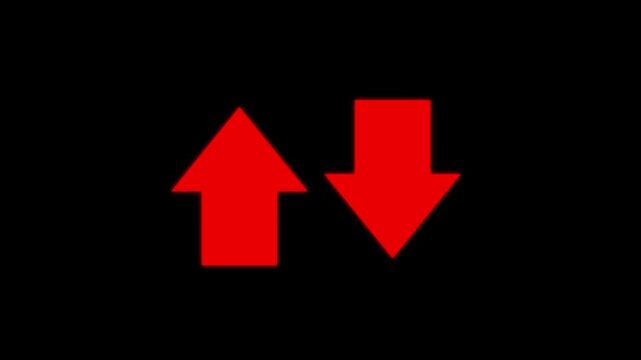 Swipe up and down red arrow animation on a black background. Up-down arrow loading seamless loop into alpha channel 4k video animation.