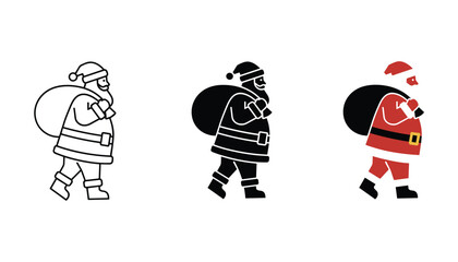 Fototapeta premium Santa Claus walking with sack vector icon set featuring line art solid black silhouette and red flat design styles for Christmas holiday marketing and festive branding