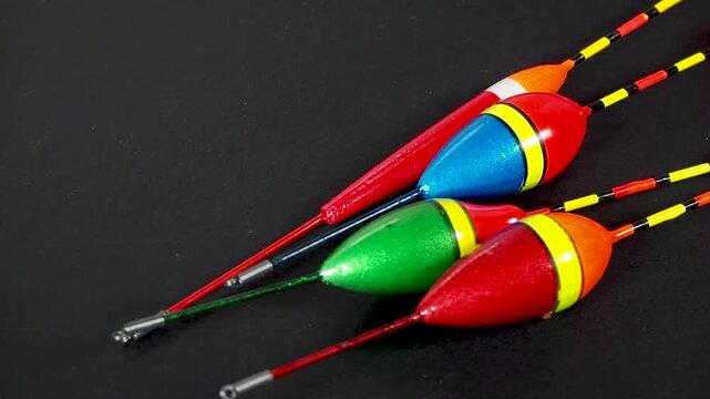 Colorful fishing floats bobber collection on black background