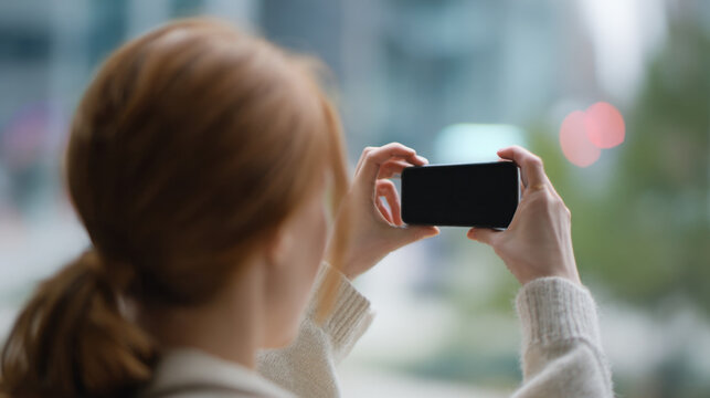 Woman taking a photo in a city
