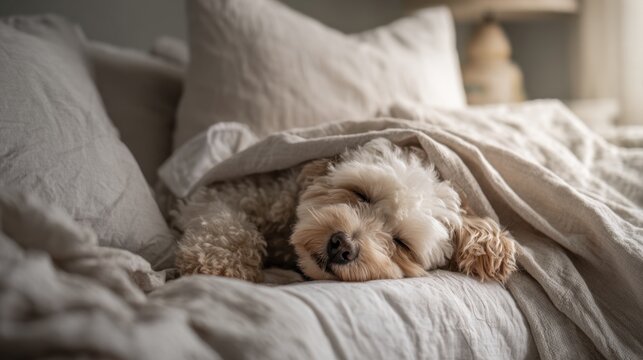 Dog sleeps on a blanket bed