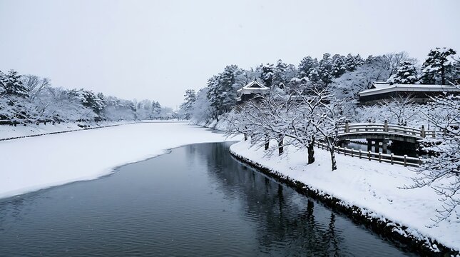 Traditional japanese castle moat and bridge covered in winter snow