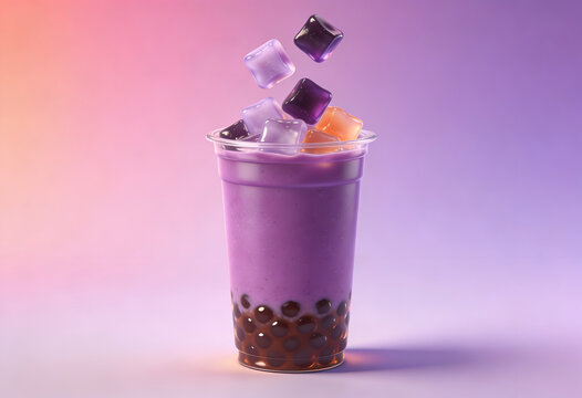 Vibrant taro bubble tea with unique cube toppings against a purple studio background