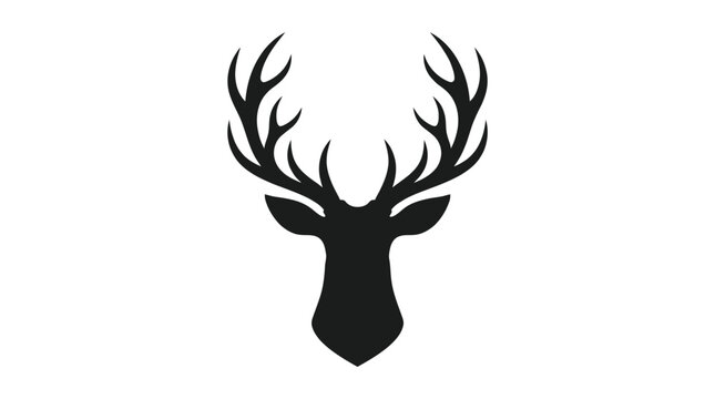 Minimalist black silhouette of a majestic stag head featuring large impressive antlers on white background