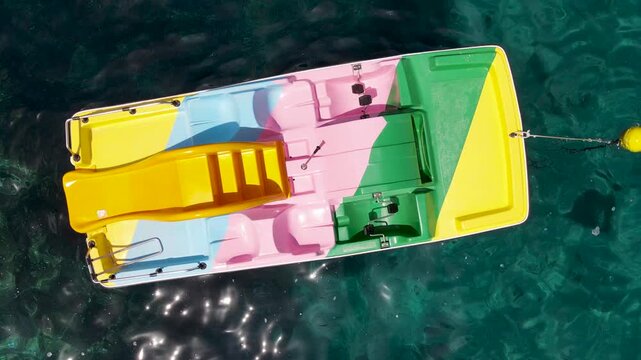 Colourful Pedal Boat on the shoreline. Overhead aerial view from drone. Slow motion