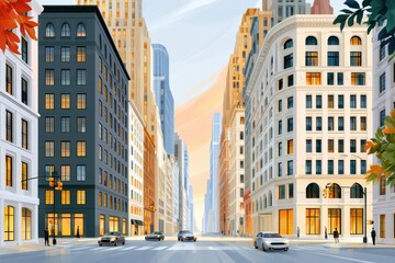 Fototapeta premium Sunlit city street with towering buildings, cars and pedestrians in a modern downtown scene