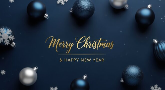 Merry christmas and happy new year message with blue and silver ornaments