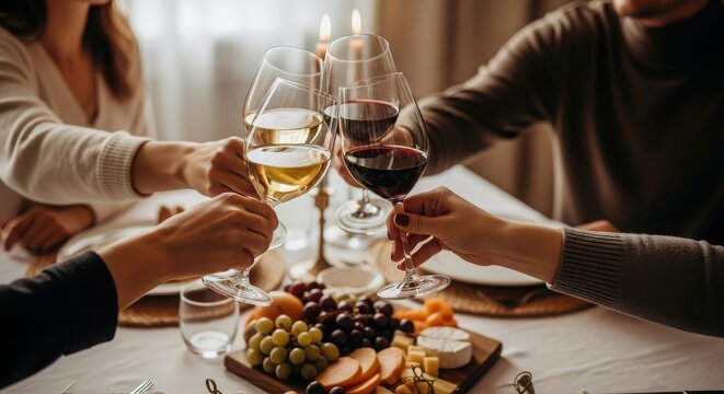 People clinking glasses of red and white wine at festive holiday dinner