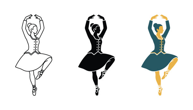 Ballerina dancing in tutu icon set in line art solid black and flat color design for ballet school or dance performance branding