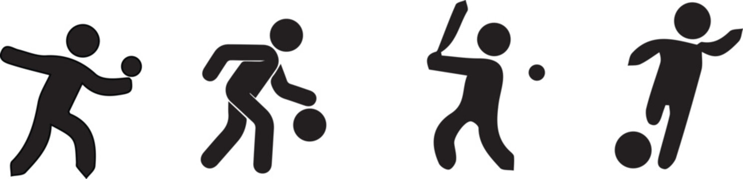 Set of minimalist sports pictograms featuring athletes playing soccer basketball baseball and throwing ball