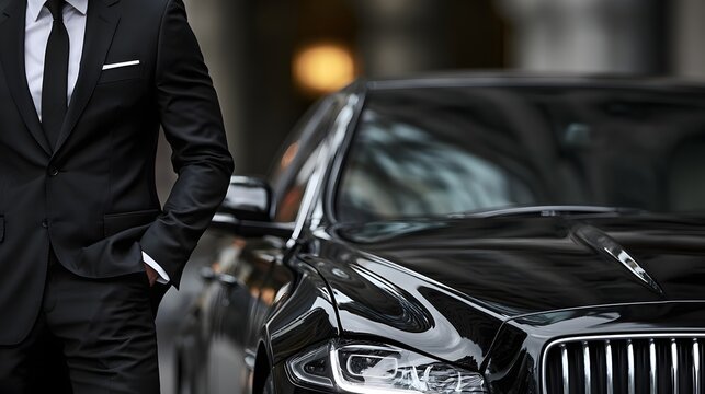 Black luxury car with man in business attire beside it
