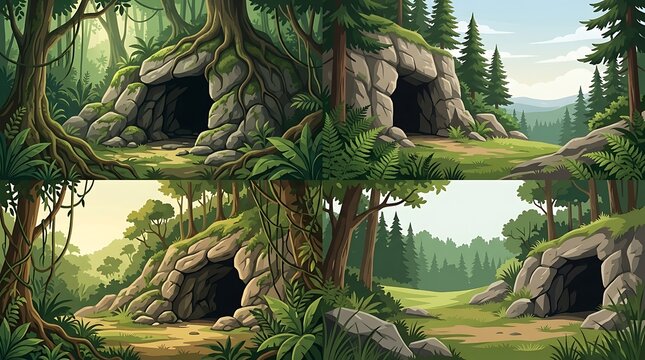Dark cave entrance nestled among rocks and trees in a deep forest