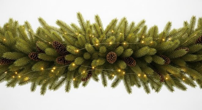 Pine christmas garland with warm lights and cones on white background, christmas