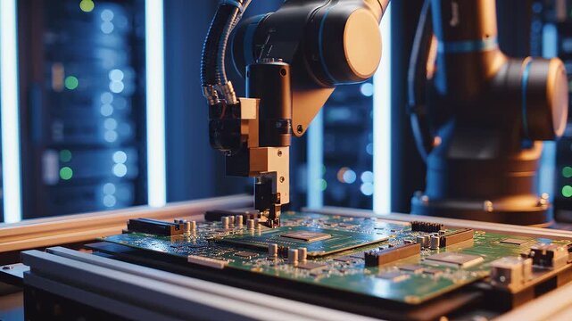 A modern robotic arm precisely assembling a green circuit board in a clean tech facility, blue neon accent lights, AI-generated video background