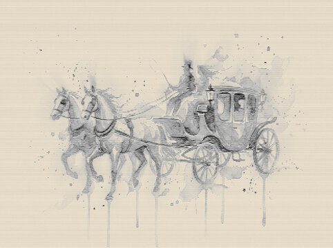 Vintage Horse Drawn Hearse Carriage Sketch on Textured Paper for Halloween Design
