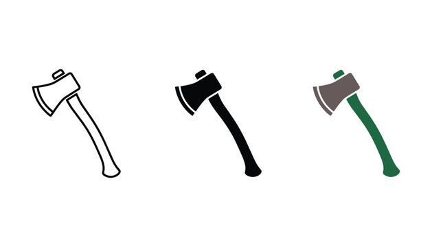 Woodcutting axe icon set in line art solid black and flat color design styles for forestry or hardware branding and utility projects