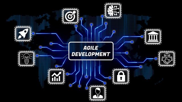 agile development business concept network with icons and teamwork digital technology abstract background for partnership growth communication innovation 4k video